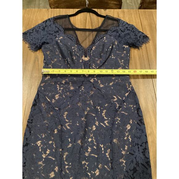 Rene Ruiz illusion Lace Mesh Evening sheath Knee short sleeve Dress Navy Blue 8 - Picture 7 of 14